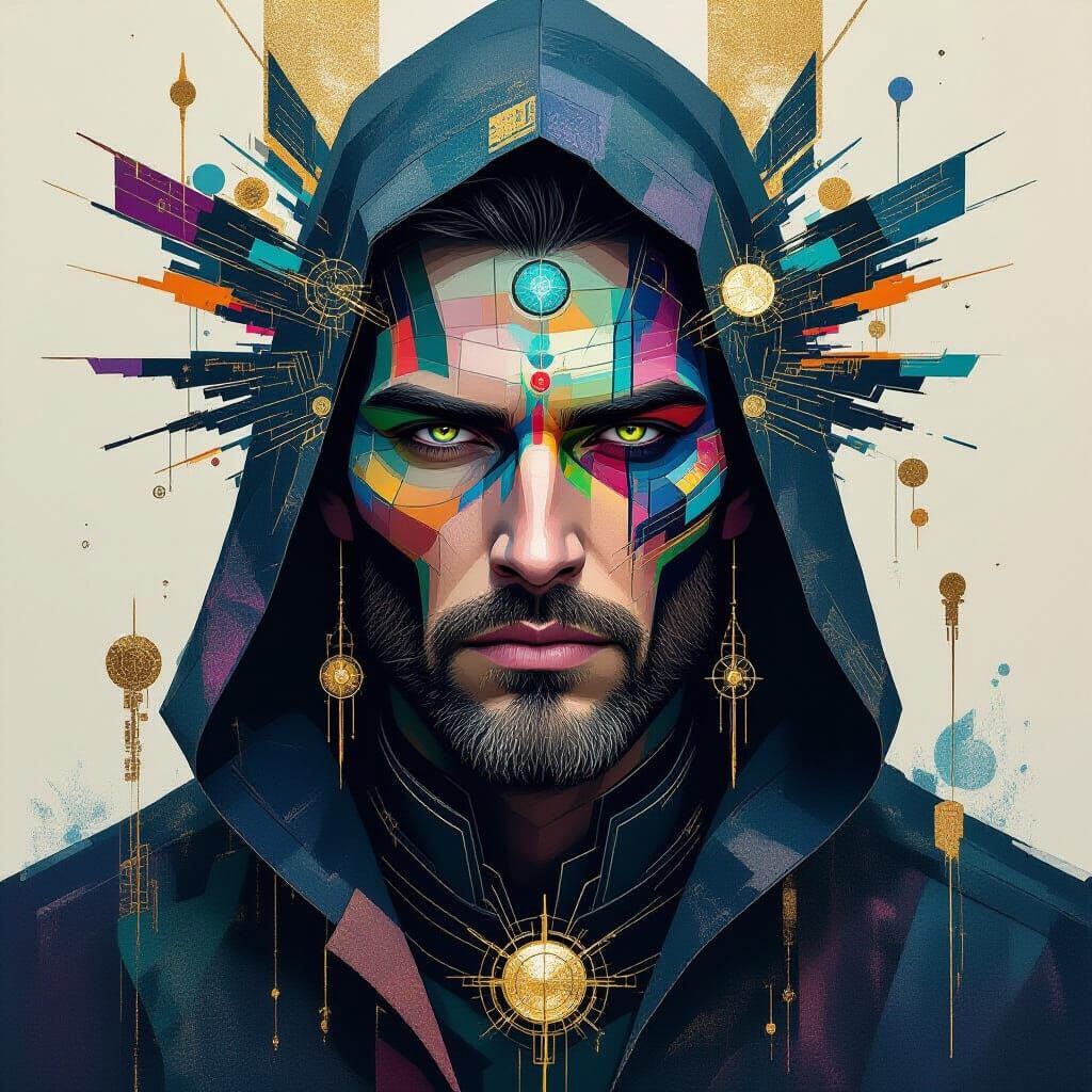 Cyberpunk Shaman Portrait in Geometric Abstract Style