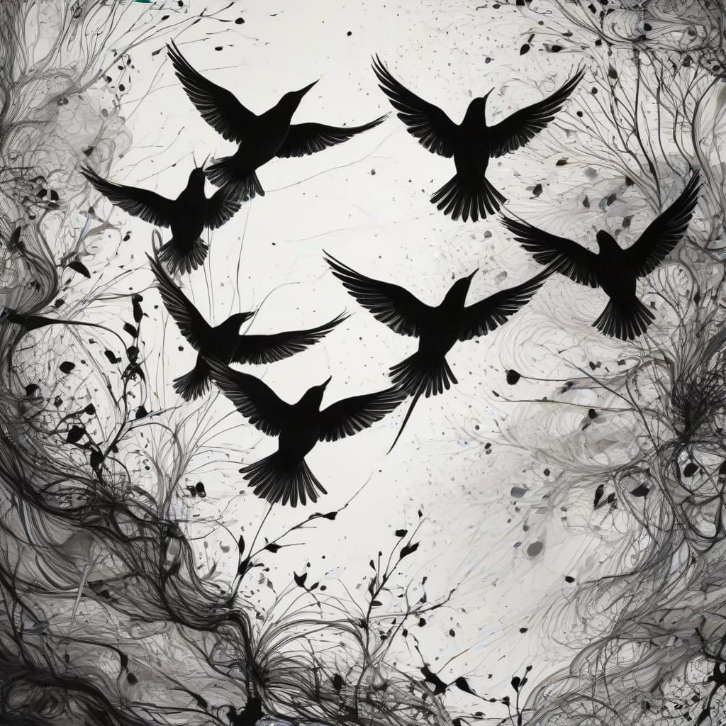 Abstract Expressionist Birds in Flight on Silk