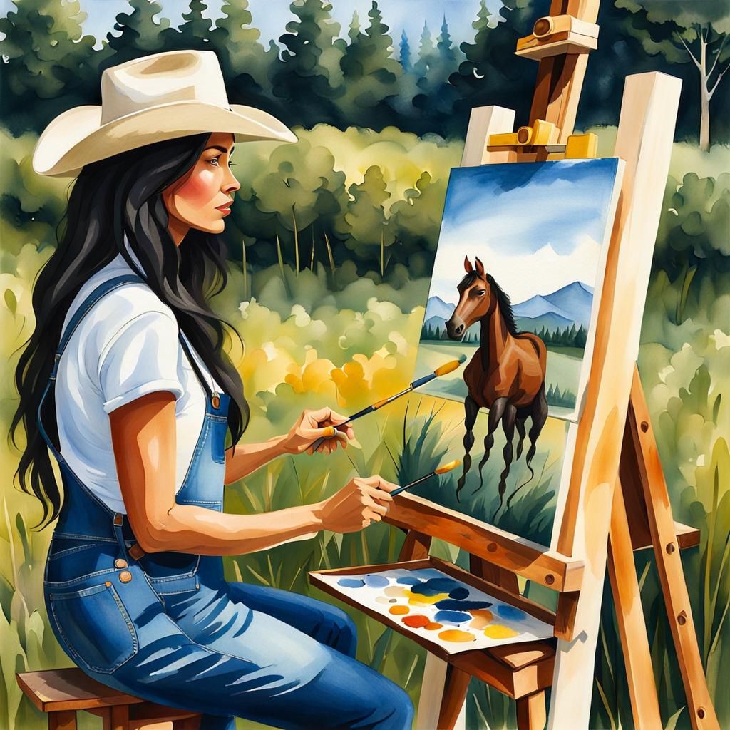 Watercolor Portrait: Woman Painting a Horse in Meadow
