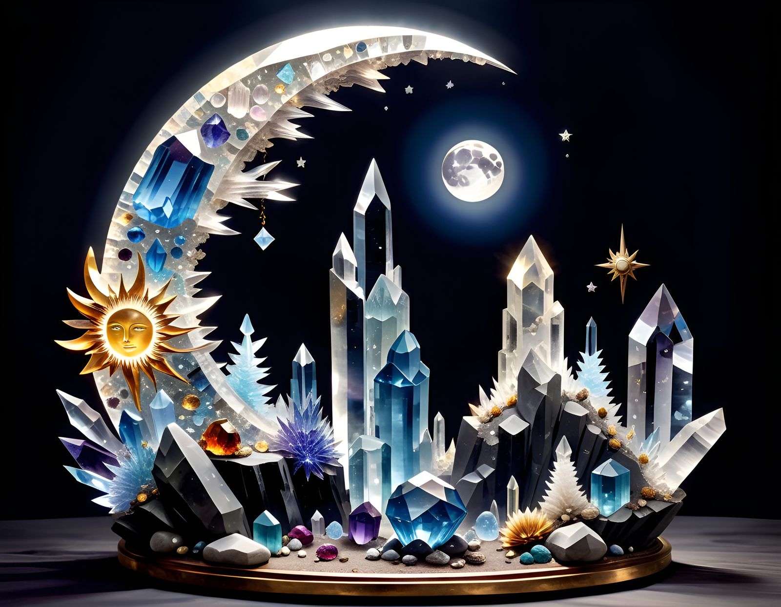 Crystalline Celestial Bodies with Glowing Runes