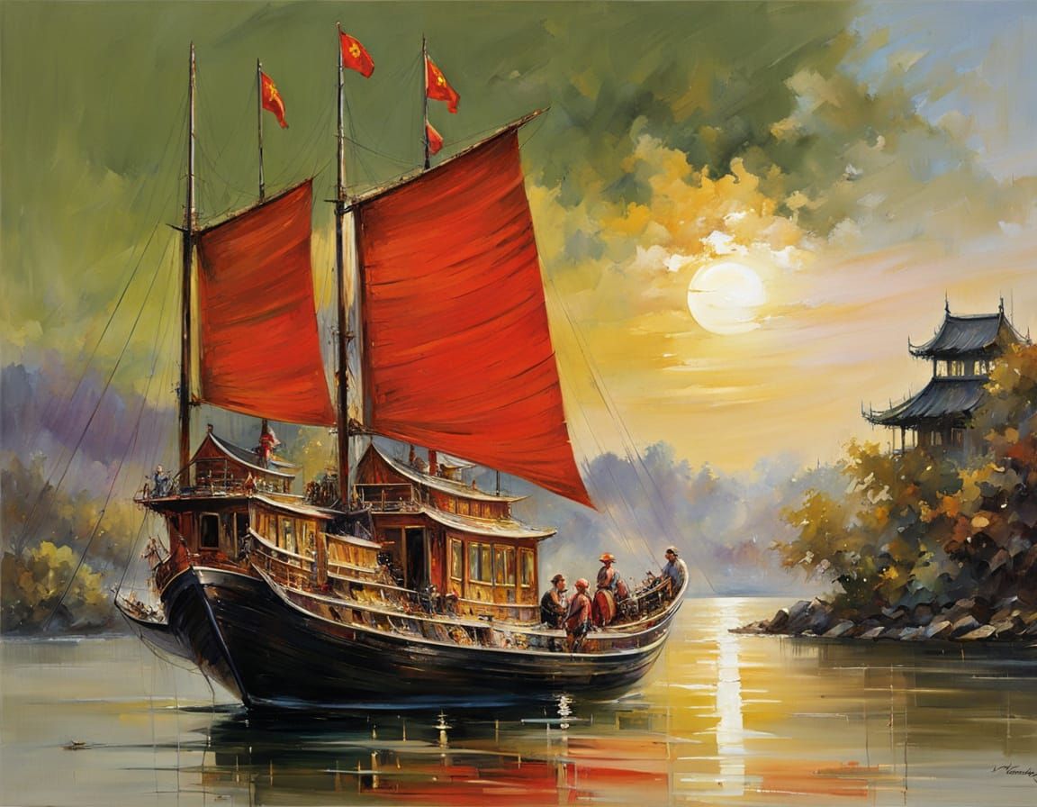 Beautiful Chinese sailing junk on the river
