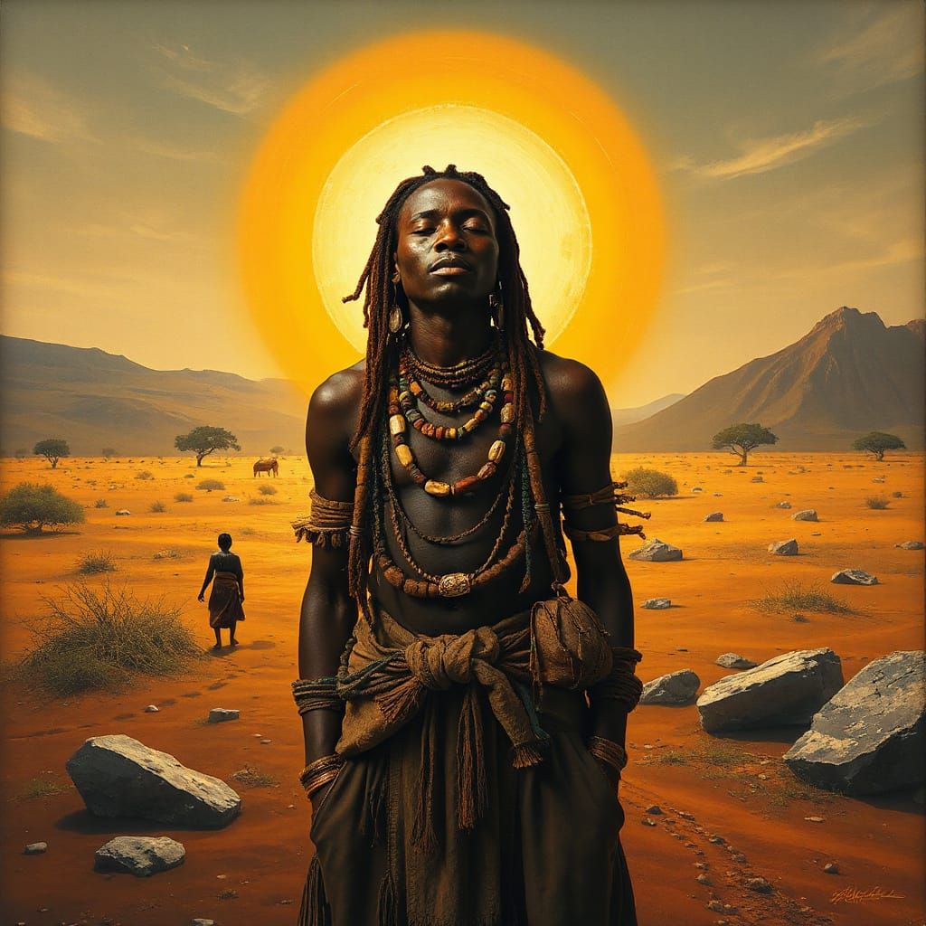 Dinka Indigenous Oracle in Vibrant African Savanna Landscape