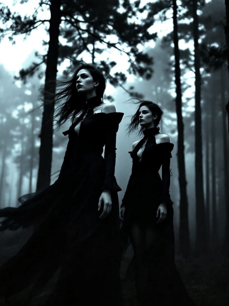 Gothic Women in Foggy Forest, Cinematic Style