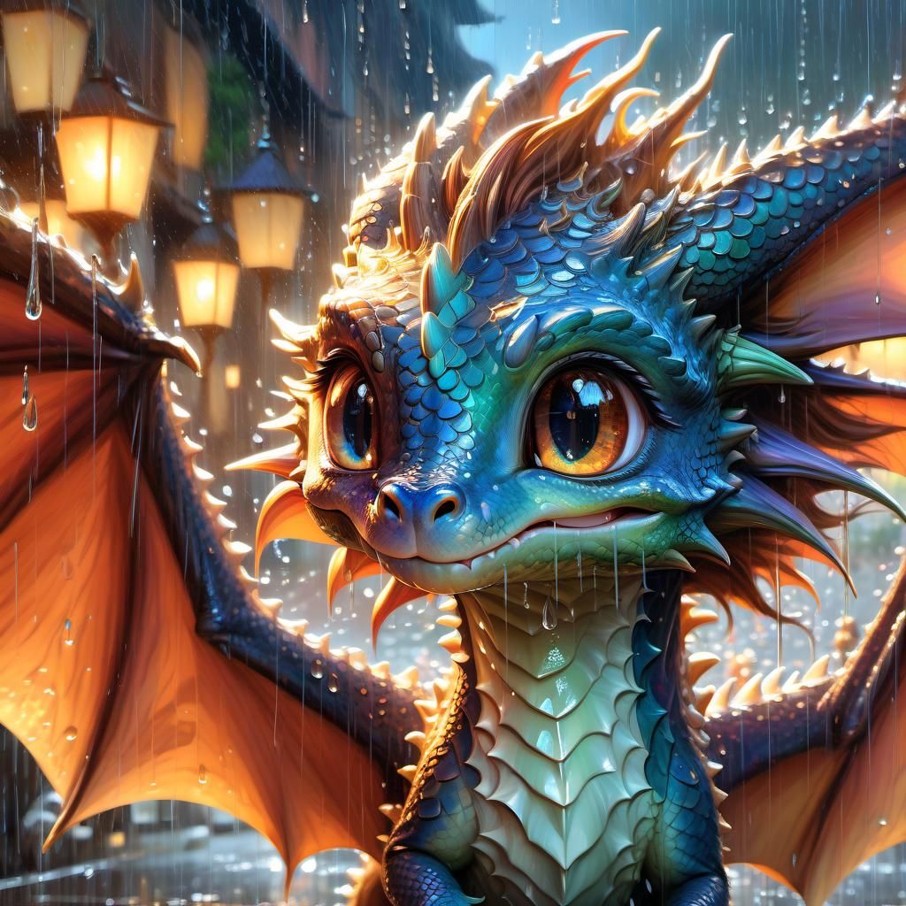Cute Mythical Dragon Flying in Rain, Anime Style