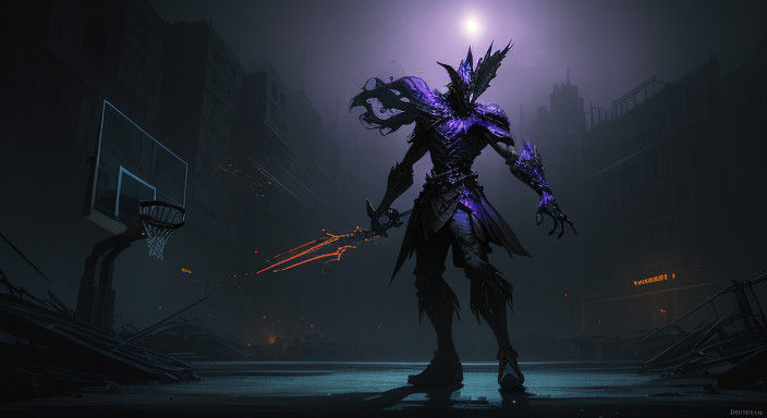 Dark Fantasy Basketball Scene Under Streetlights