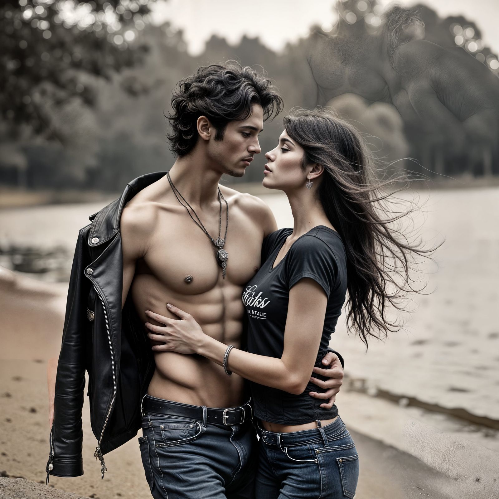 Tender Embrace on a Beach Black and White Photo