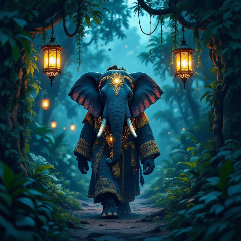 Elephant in Lanterns Walks Through Ancient Jungle at Twiligh...