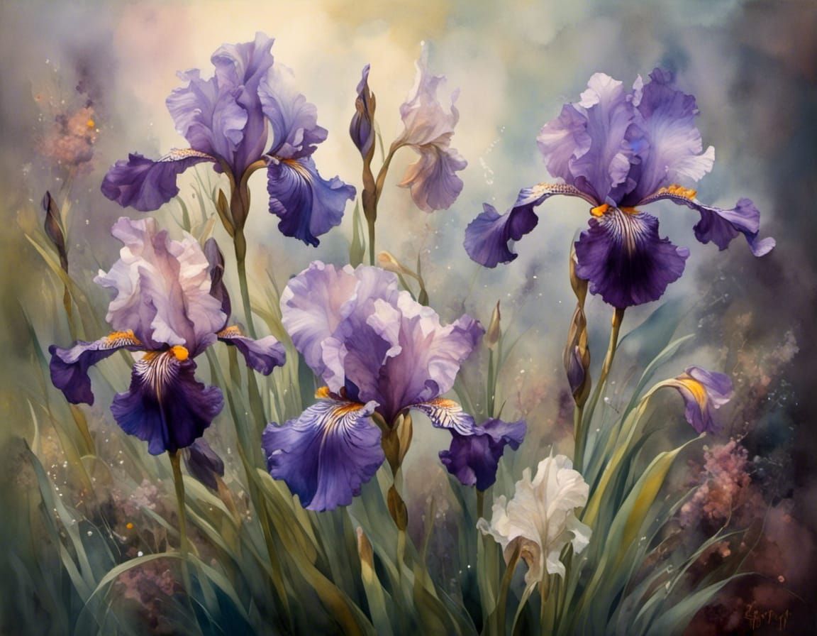 rembrandt style of irises with a touch of wisp and ethereal ...