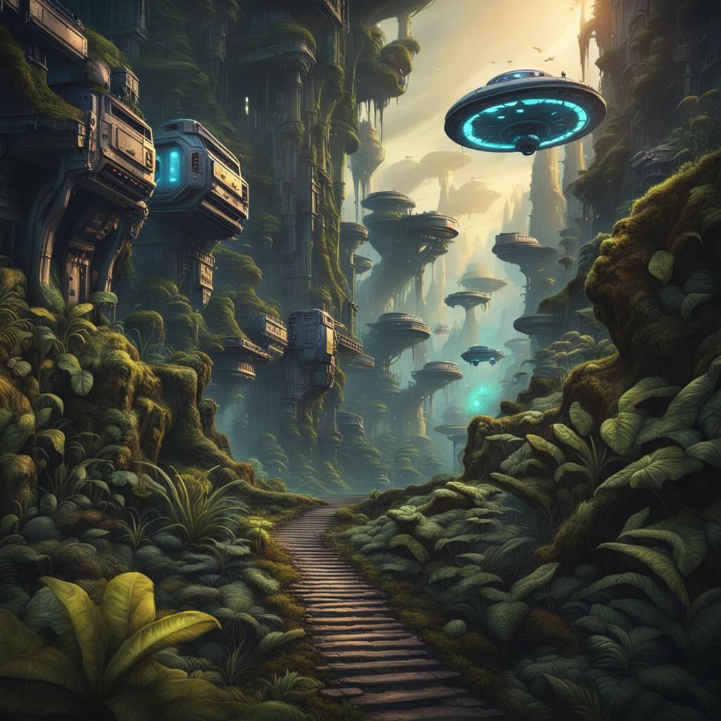 Alien Jungle Path with Surveillance Drone