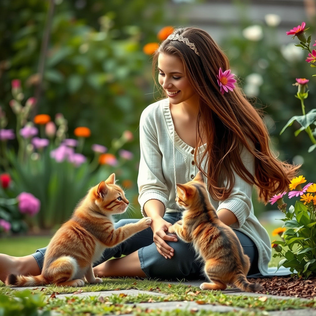 Hyperrealistic Woman with Kitten and Puppy in Garden