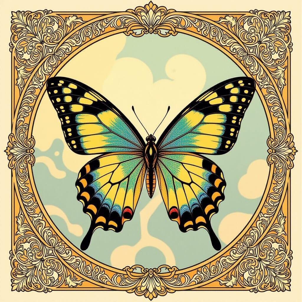 Iridescent Butterfly in Art Nouveau Style Frame