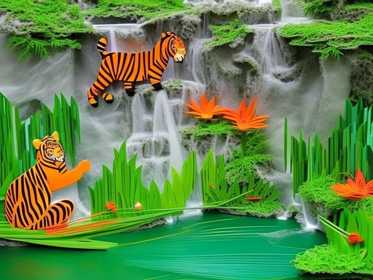 Quilled Paper Tiger at Jungle Waterfall