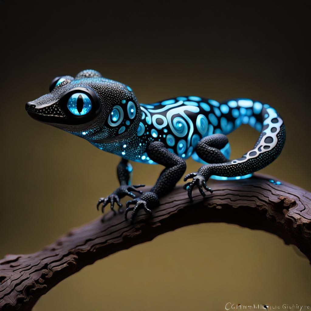 Bioluminescent Glass Gecko Sculpture in Digital Art