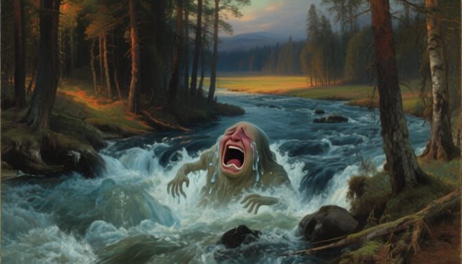 River Personified in Ancient Taiga Forest Matte Painting