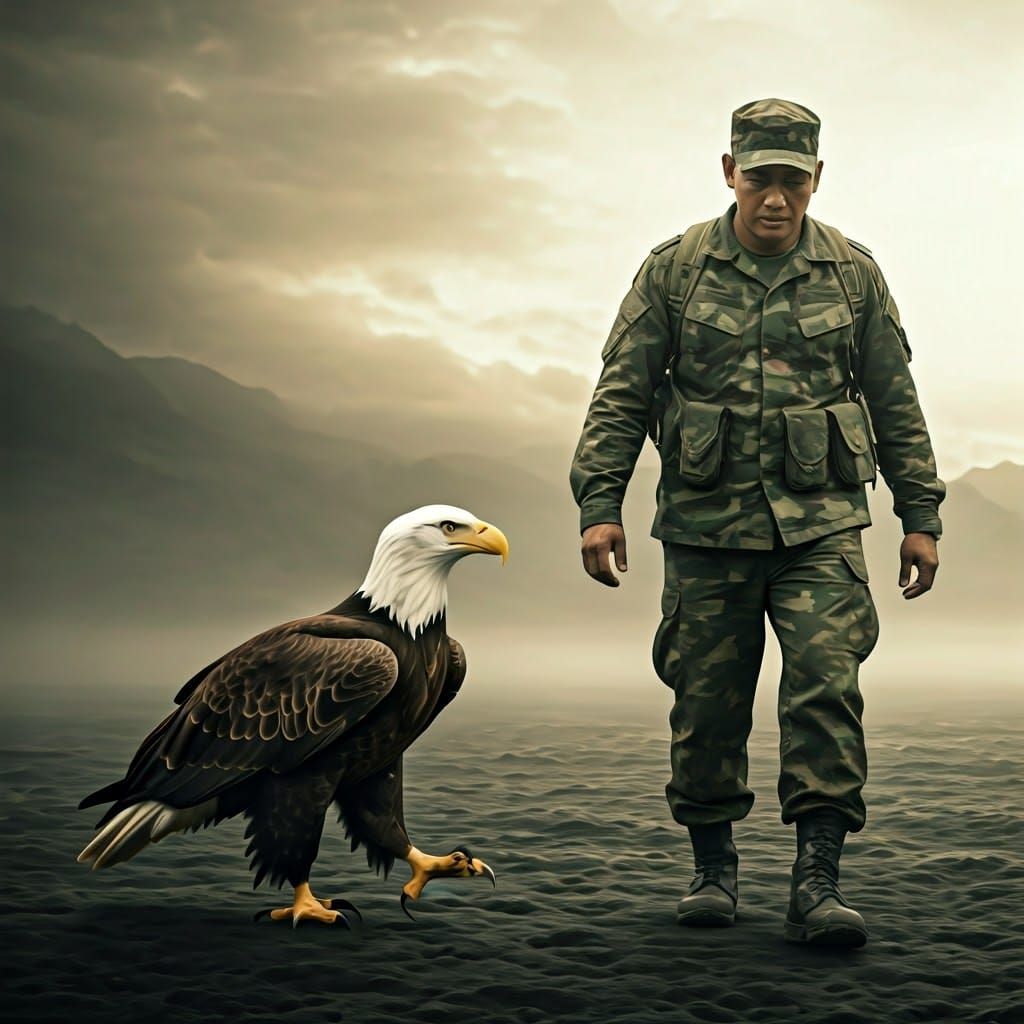 Eagle and Soldier in Rugged Landscape: Cinematic Still