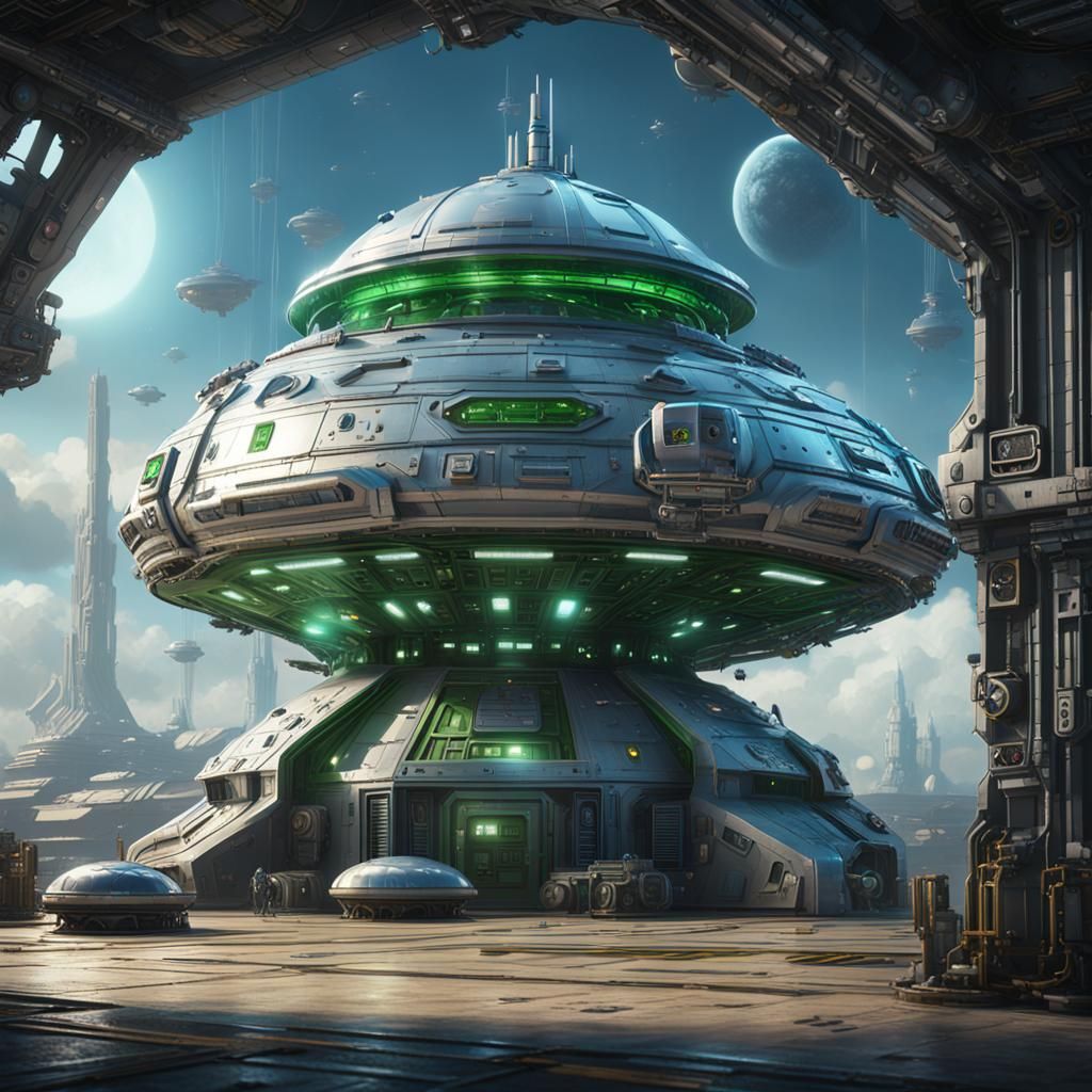 Green Spaceship with UFO, Detailed Matte Painting