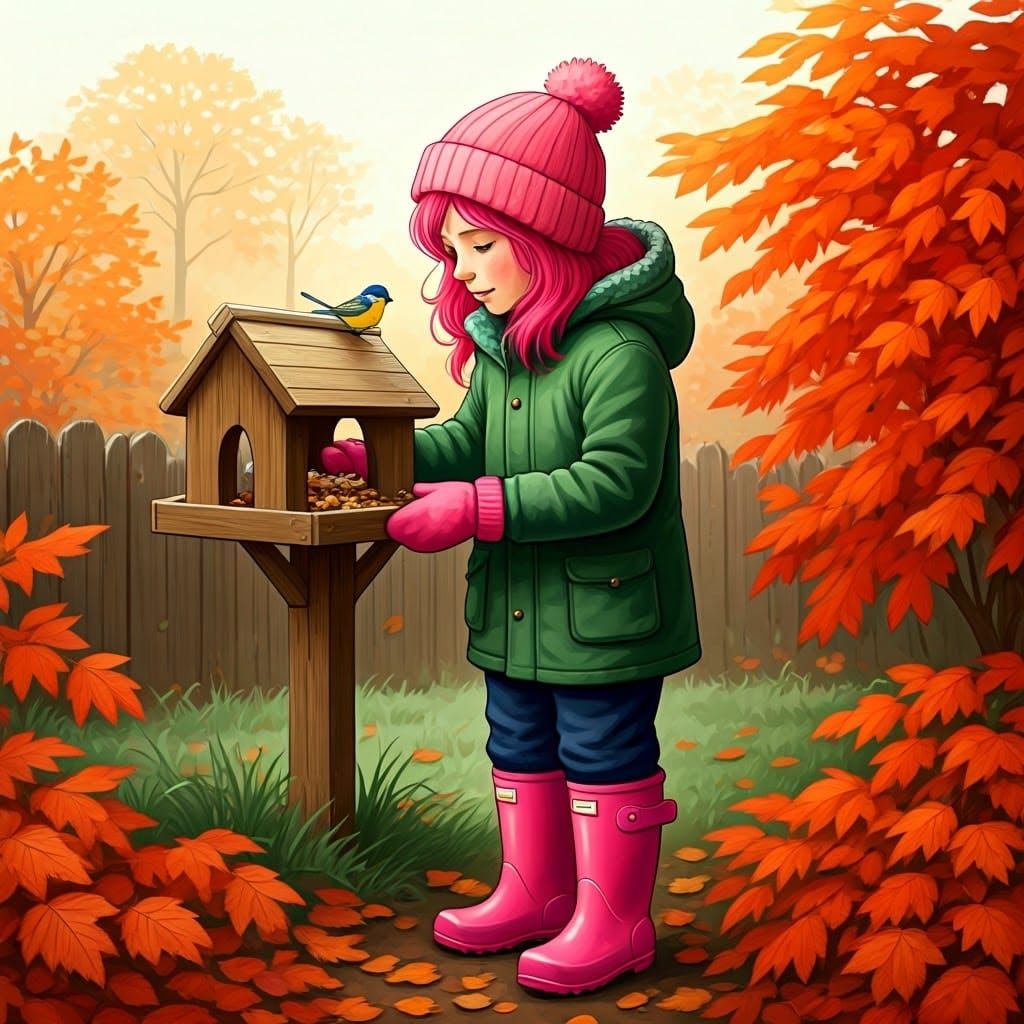 Boy in Autumn Garden, Storybook Illustration Style