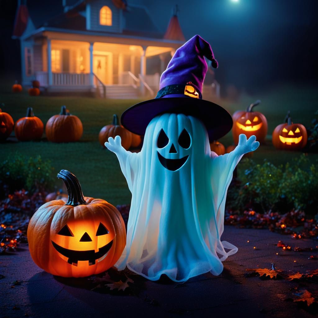 Whimsical Halloween Scene with Ghost and Pumpkin