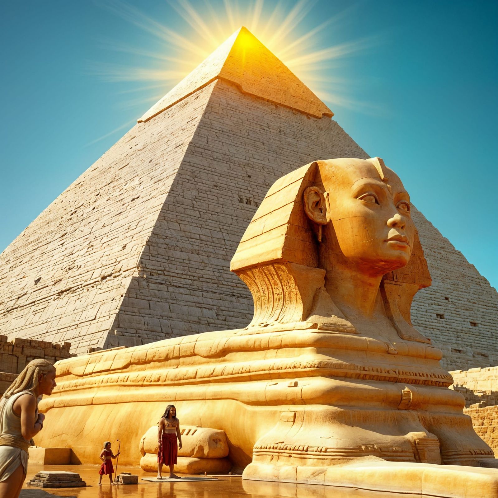 Ancient Egyptian Pyramid with Golden Capstone and Sphinx