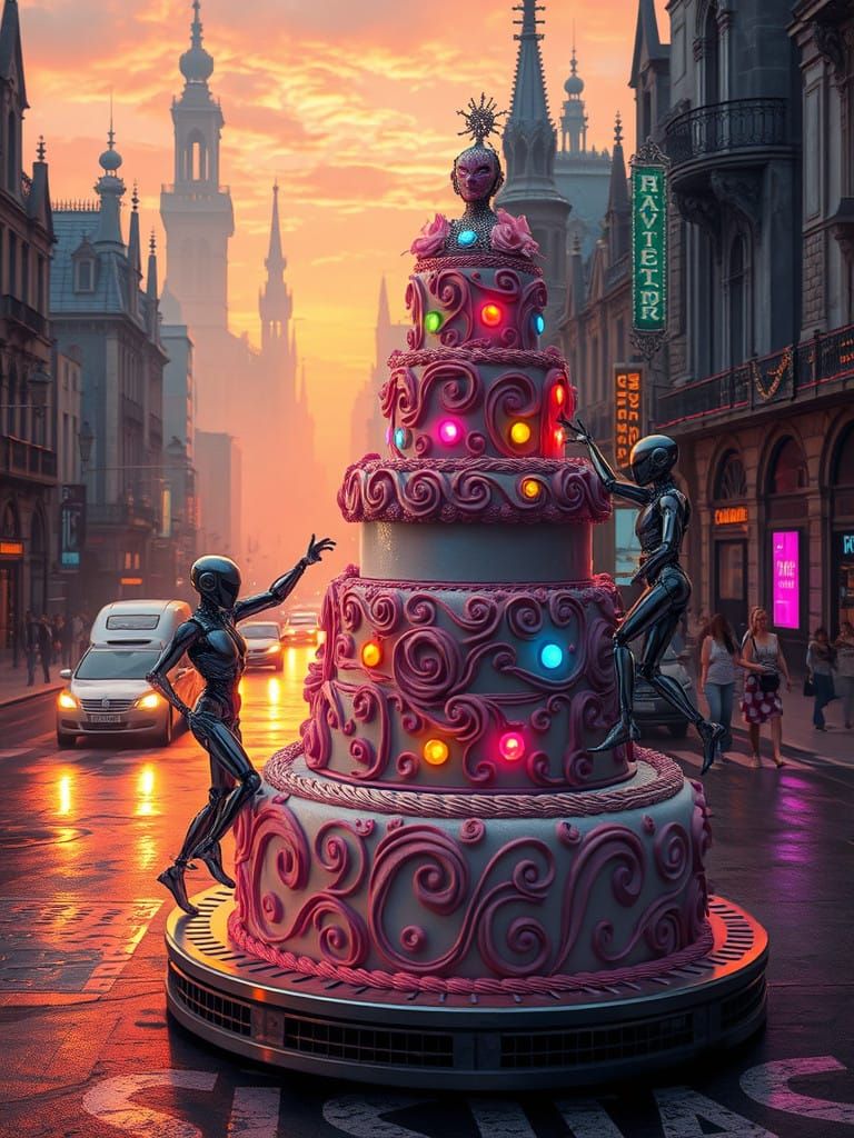 Glowing Robots Dance on Vibrant, Multi-Tiered Cake in a Bust...