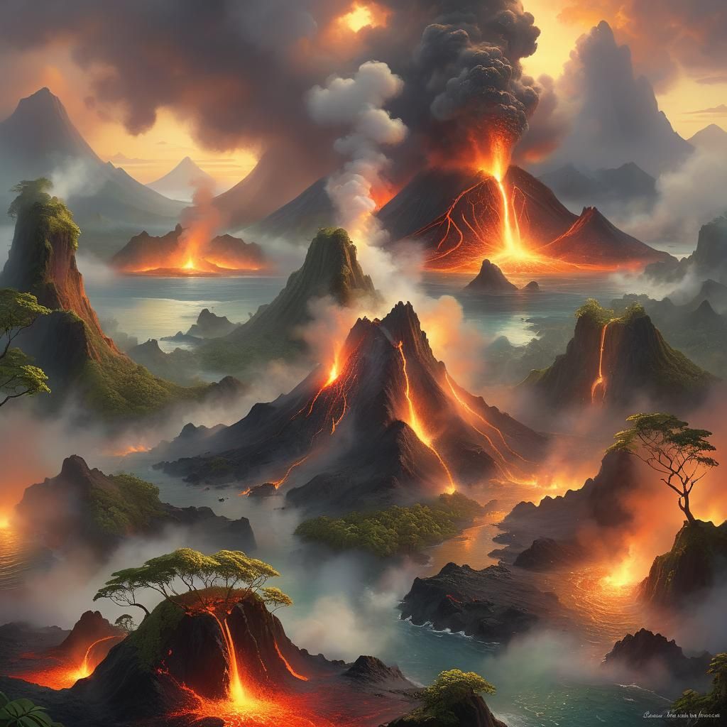 Krakatoa Eruption at Sunset in Dreamy Style