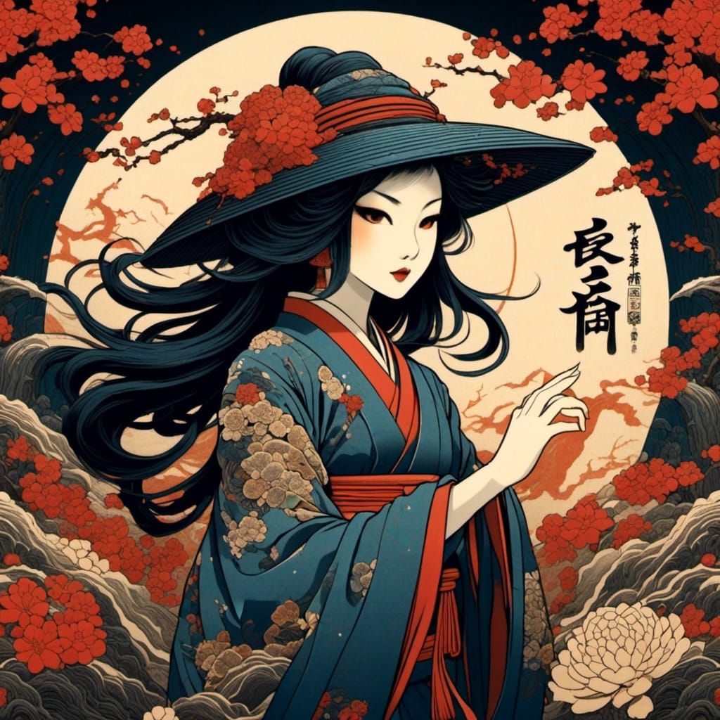 Exotic Witch in Ukiyo-e Wood Block Style