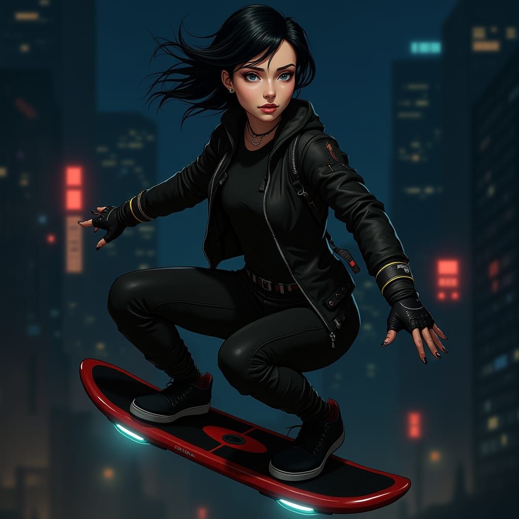 Cyberpunk Woman Rides Flying Hoverboard in Anime Style