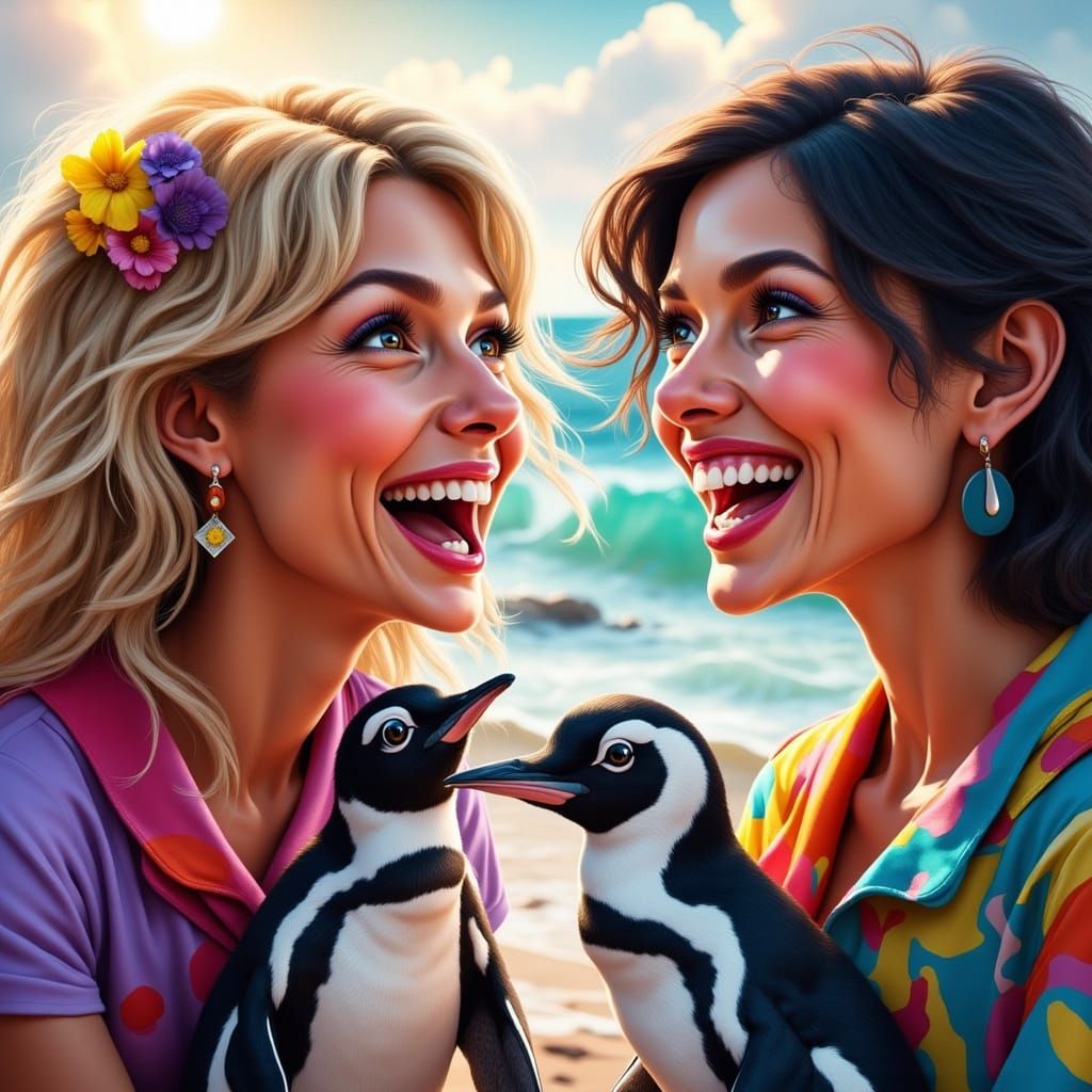 Joyful Women Laughing with Penguins in Vibrant Digital Art