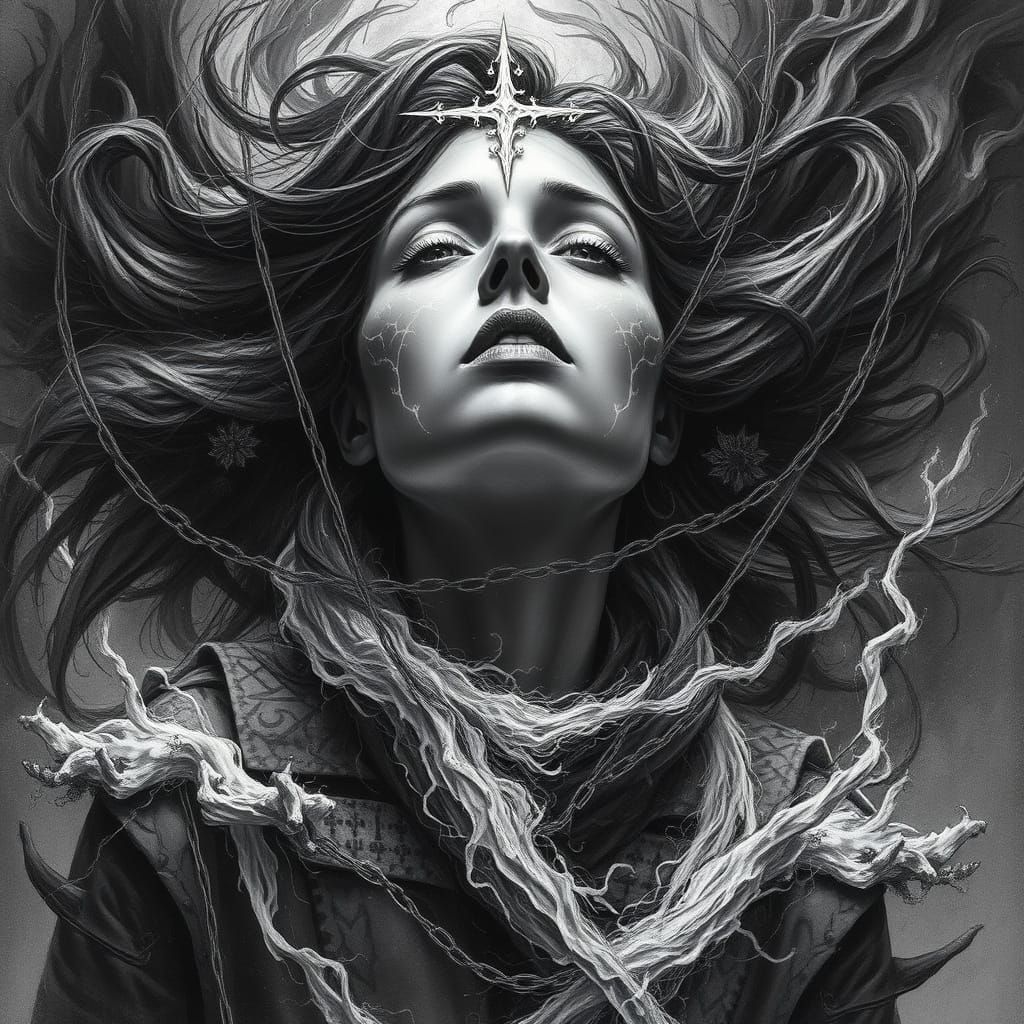 Mystical Woman Channeling Energy in Charcoal Style