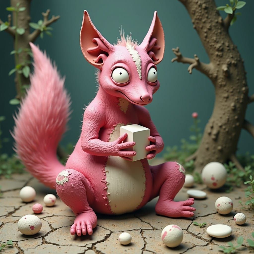 Ethereal Pink Skunk in Folk-Art Surrealism