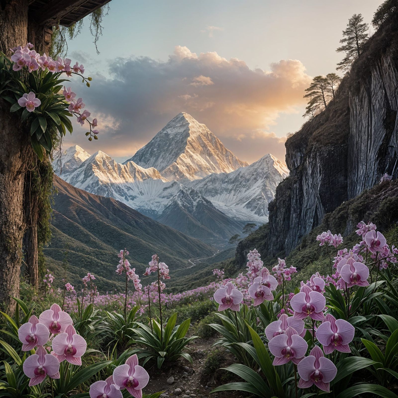 Ethereal Mount Everest Blooms with Vibrant Moth Orchids