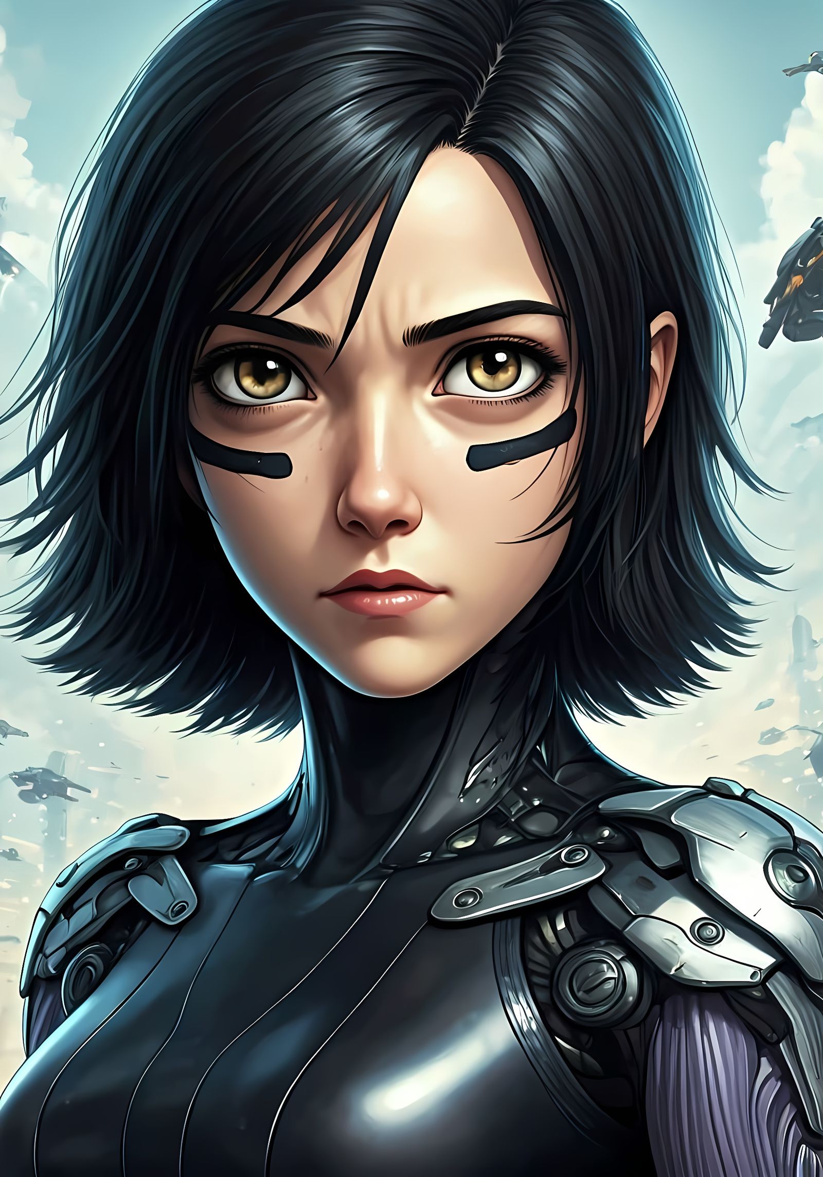 Battle Angel Alita Close-Up Portrait in Manga Style