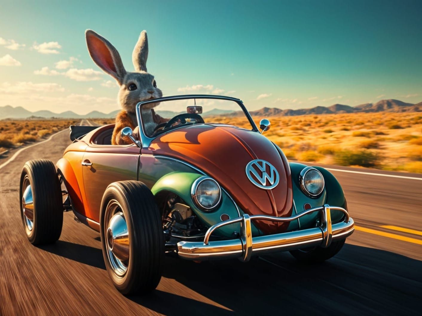Vibrant Easter Egg Hot Rod Speeds Down Open Road