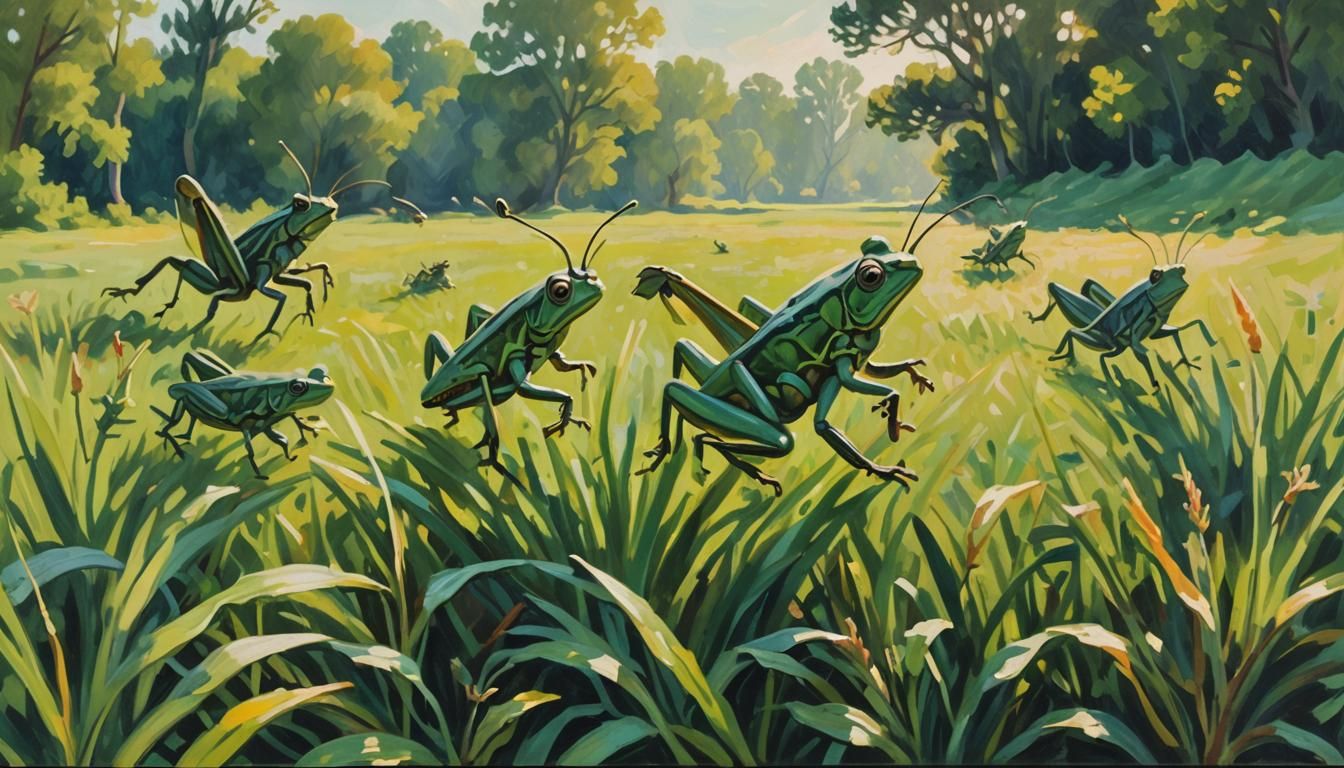 Impressionist Wildlife: Frogs and Grasshoppers Jumping