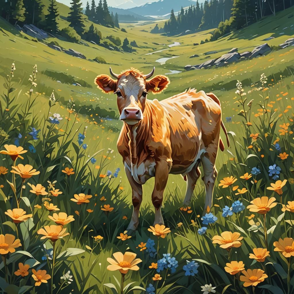Yellow Calf in Meadow: Digital Painting Style