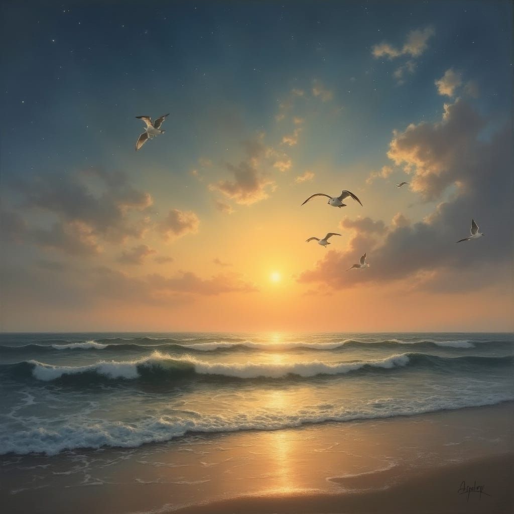 Ocean Sunrise with Stars and Seagulls