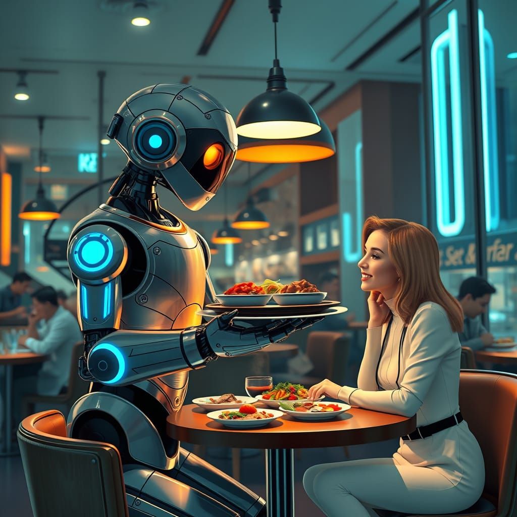 Retro-Futuristic Robot Serves Young Couple in Vibrant City R...