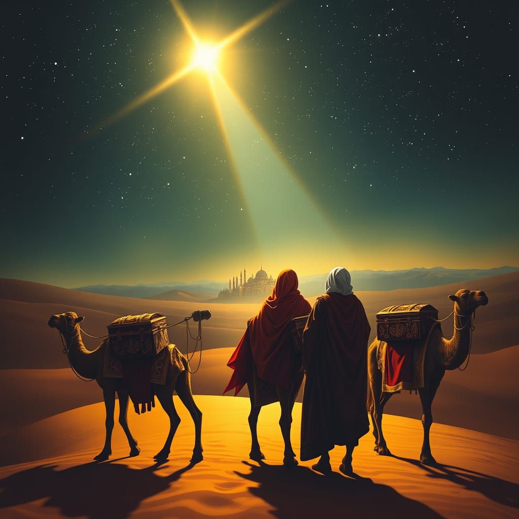 Three Wise Men Journey Under Starry Desert Sky