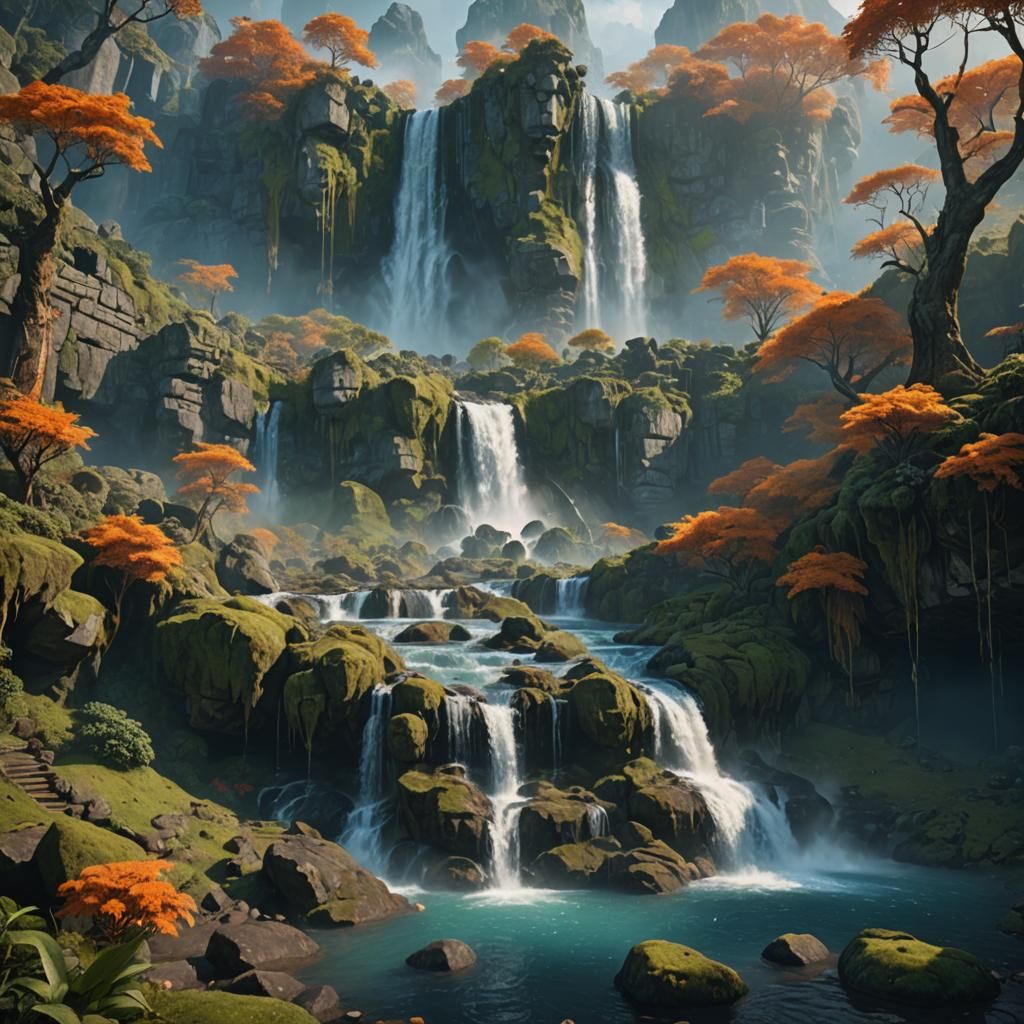 Lush Waterfall in Fantasy Landscape, Unreal Engine