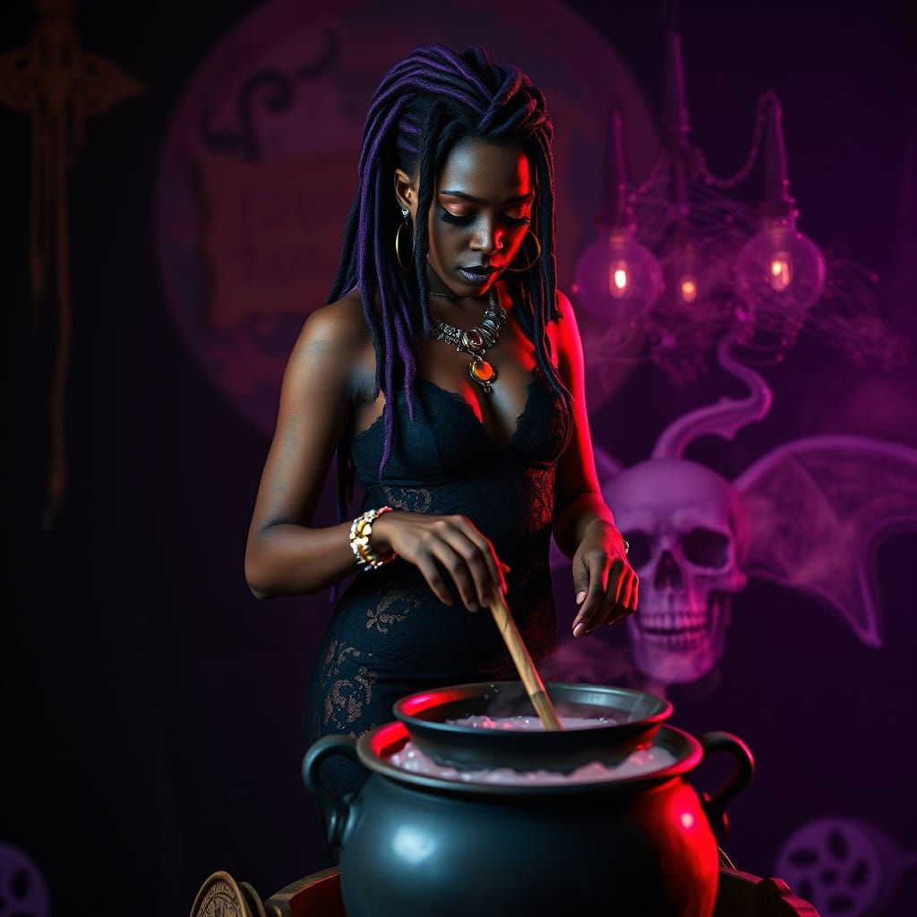 Mystical Woman Stirring Cauldron in Digital Art Style