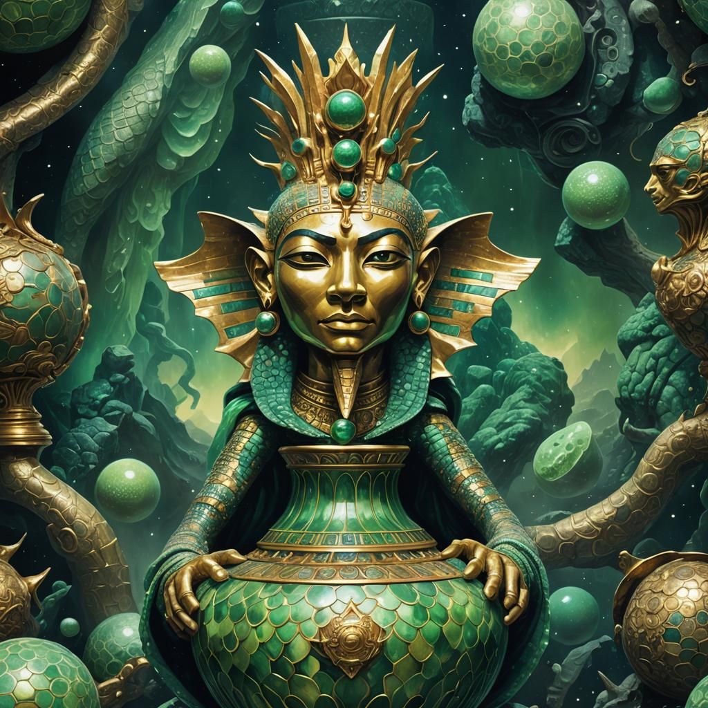 Pharaoh Grasps Scaled Vase Emitting Cosmic Power