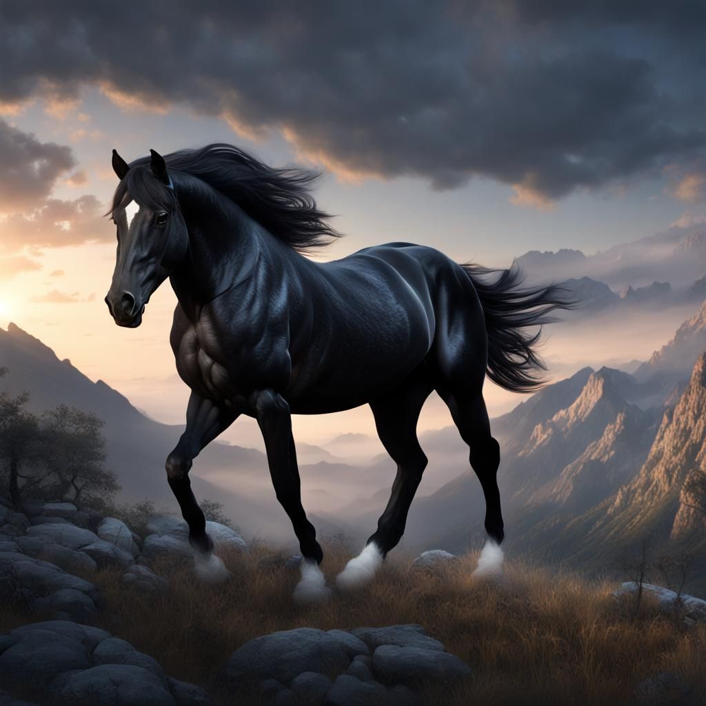 Graceful Black Stallion in Mountain Landscape
