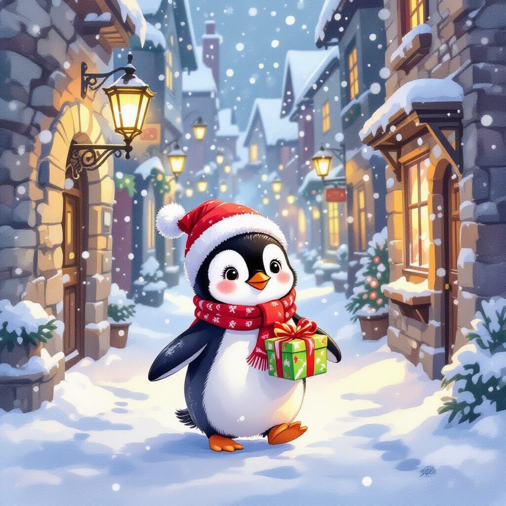 Penguin in Festive Hat Heads to Tavern in Snowy Alley