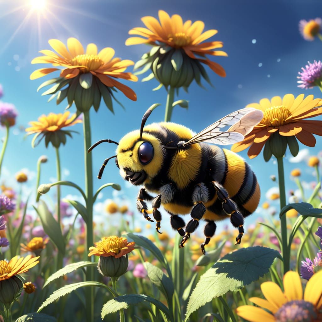 Vibrant Bumble Bee Collects Pollen in a Fantastical Field of...