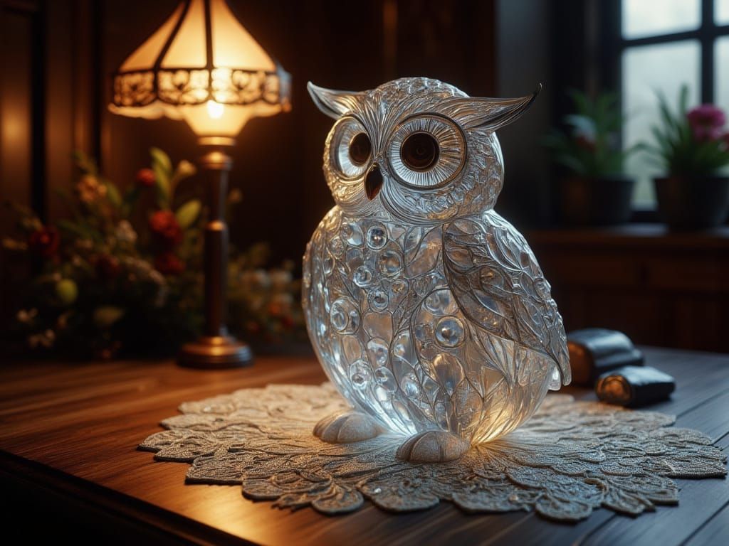 Glass Owl Sculpture on Antique Table in Victorian Parlor