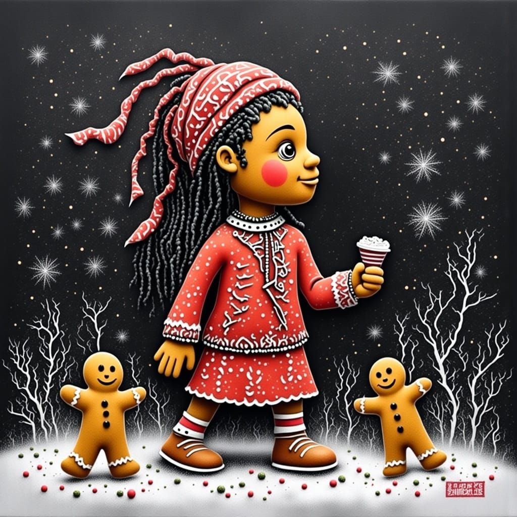 Whimsical African Woman Bakes Gingerbread Cookie in Winter W...