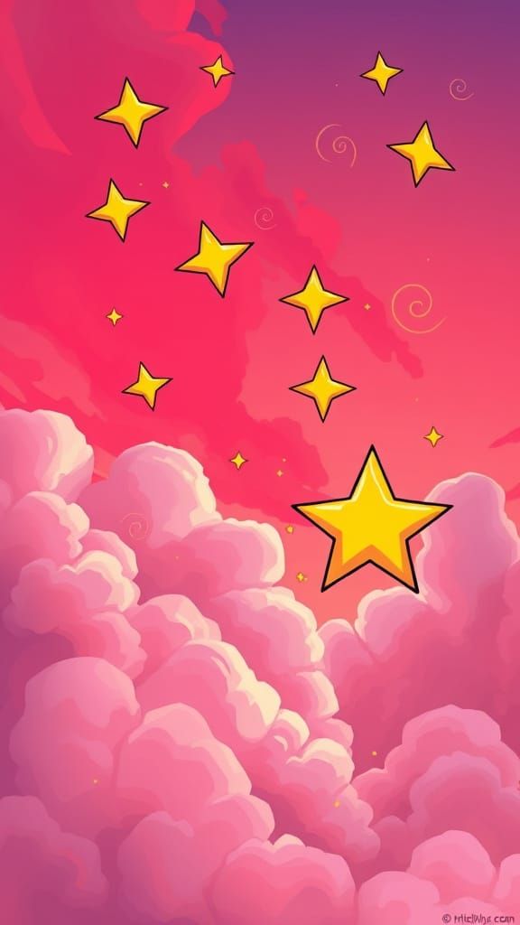 Whimsical Cartoon Stars Shine in Vibrant Sunset Sky