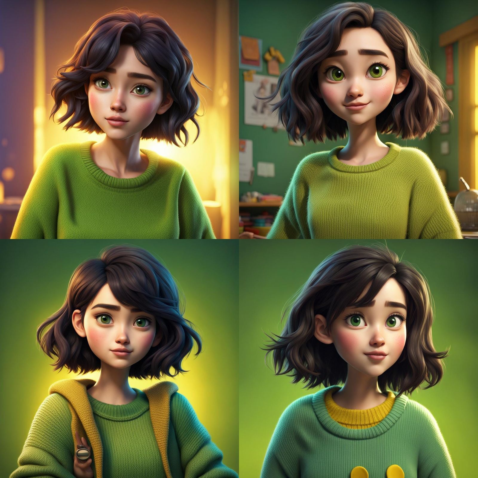 Dark-Haired Girl in Green Sweater: Pixar Style