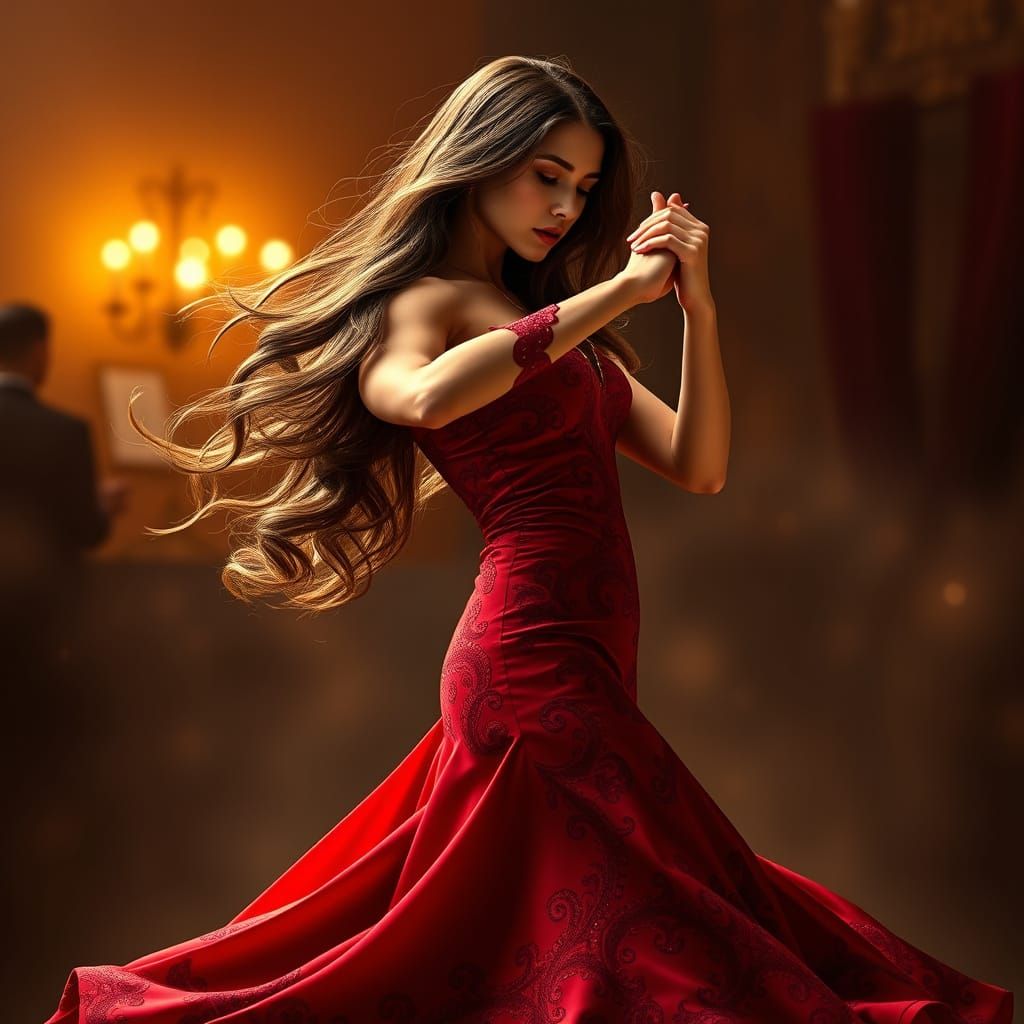 Ethereal Tango Dancer in Crimson Red Dress