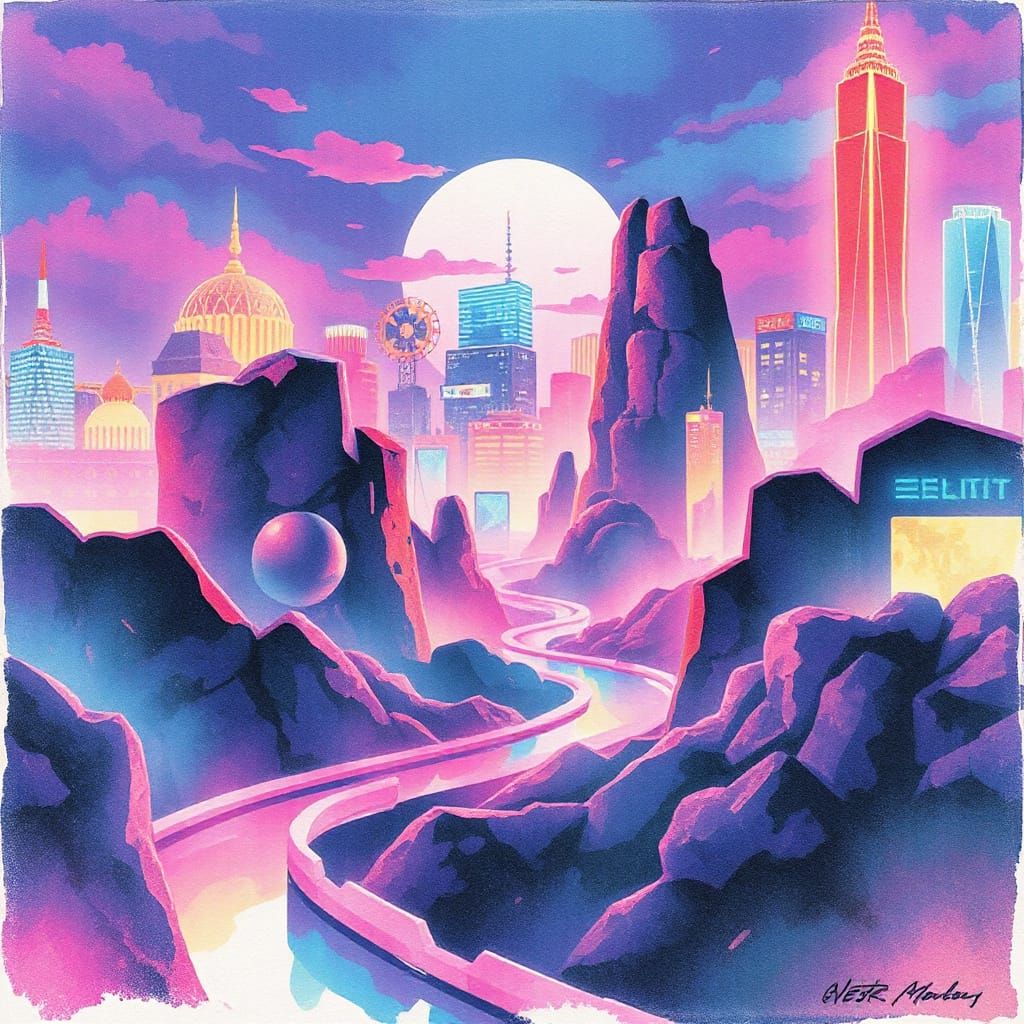 Watercolor Cyberpunk Landscape with Neon Lights